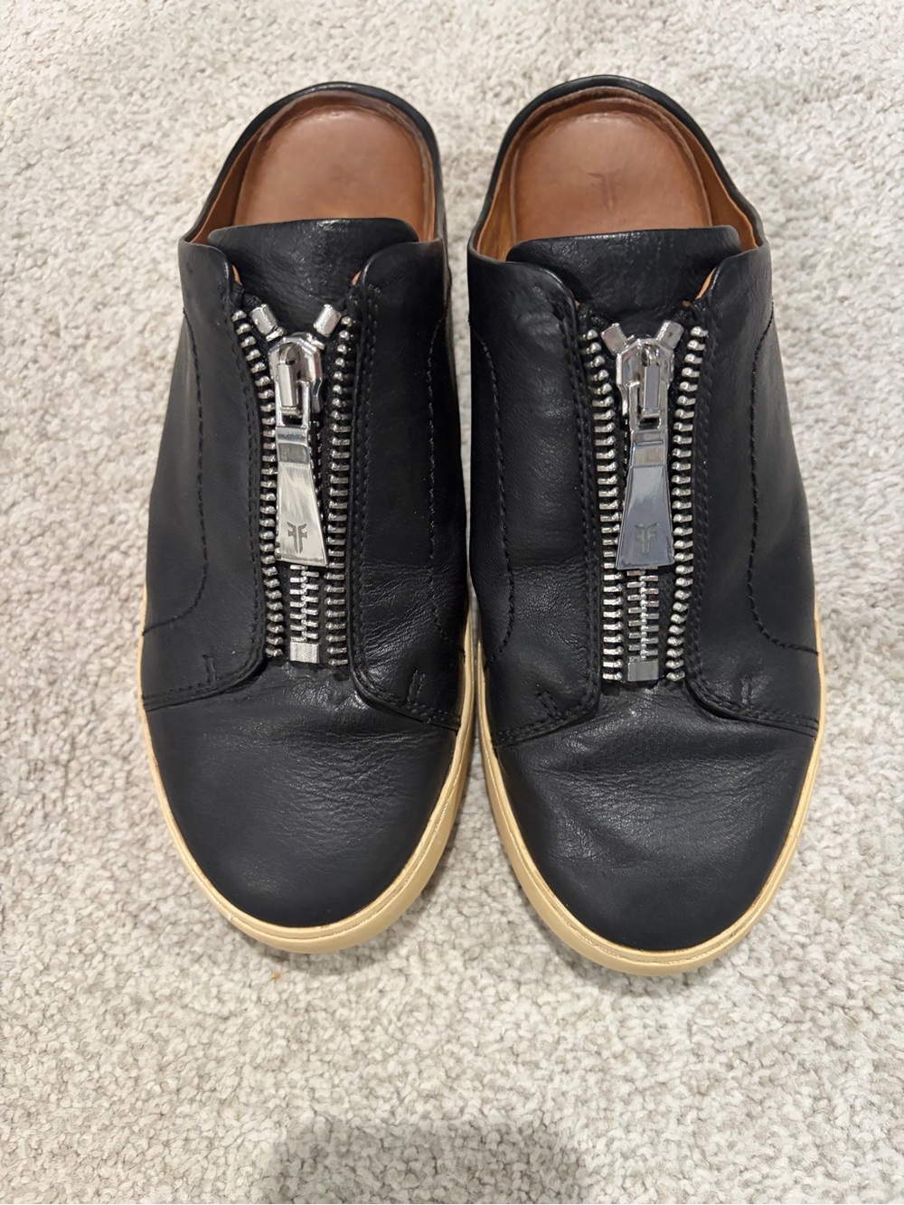 Frye Lena Zip Mules, Women’s Black Leather Zip-Front Slip-On Sneakers, Size 9